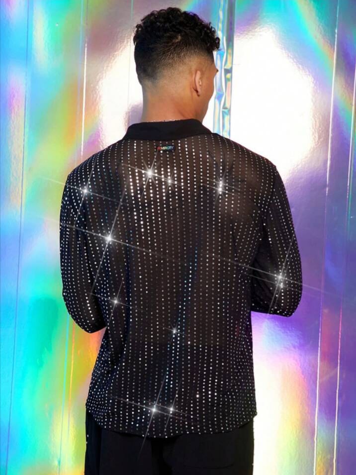 Uptown Funky Straight Stripe Black & Silver Mesh Oversized Long Sleeve Shirt Men's